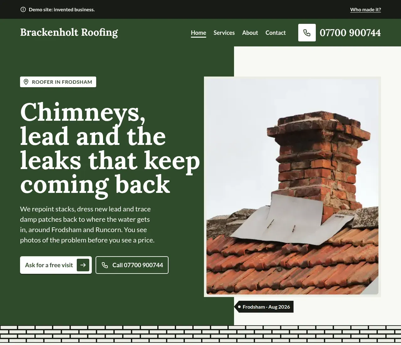 The first screen of the Brackenholt Roofing demo site