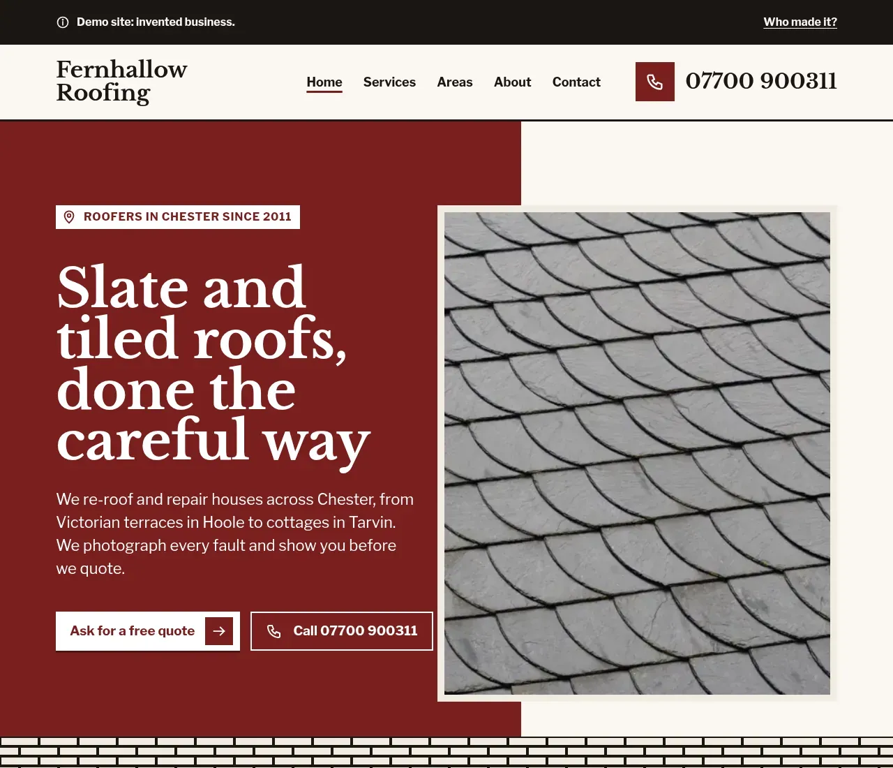The first screen of the Fernhallow Roofing demo site