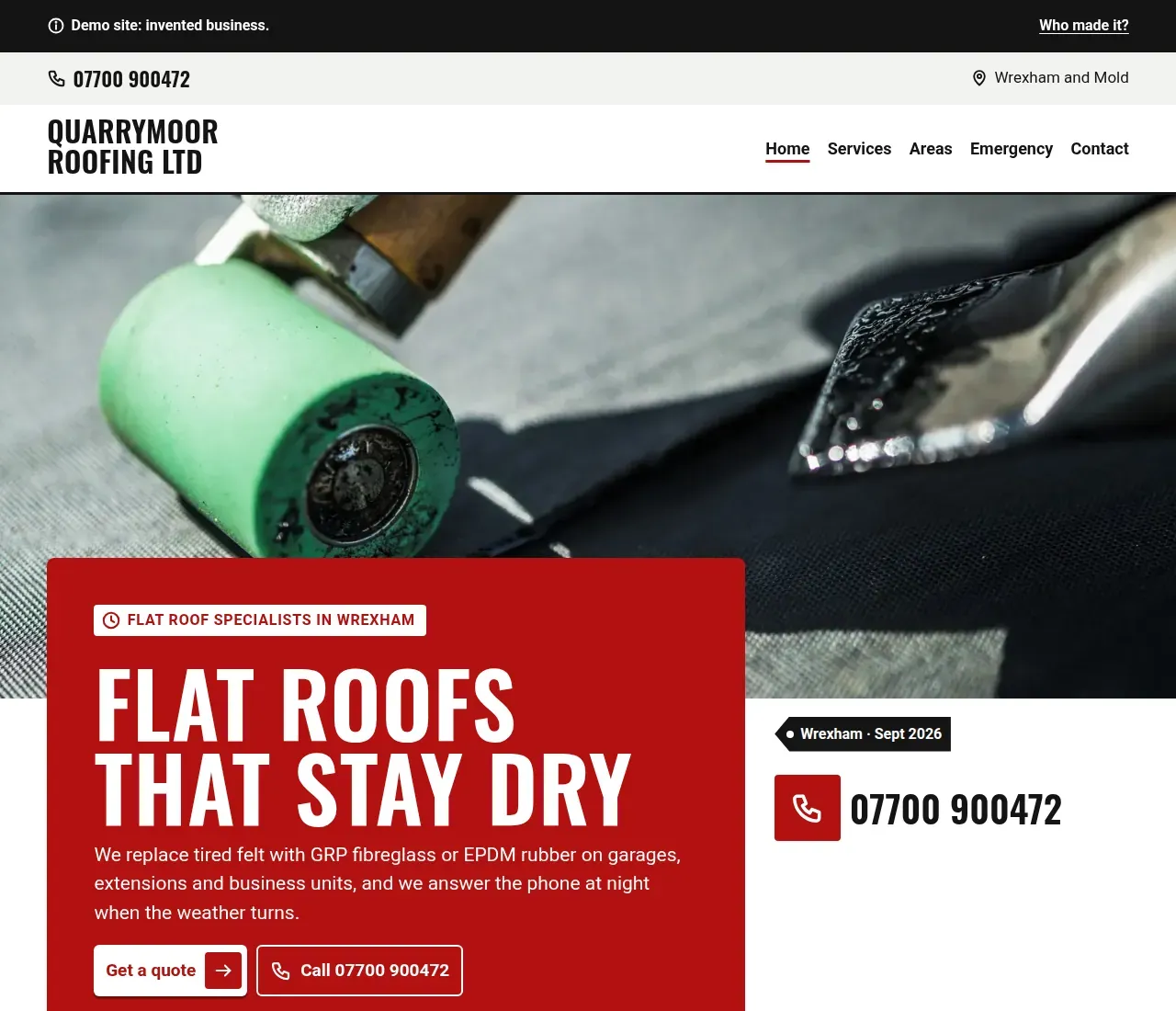 The first screen of the Quarrymoor Roofing Ltd demo site